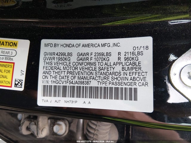Продажа на аукционе авто 2018 Honda Accord Ex-l, vin: 1HGCV1F54JA098387, номер лота: 45271378