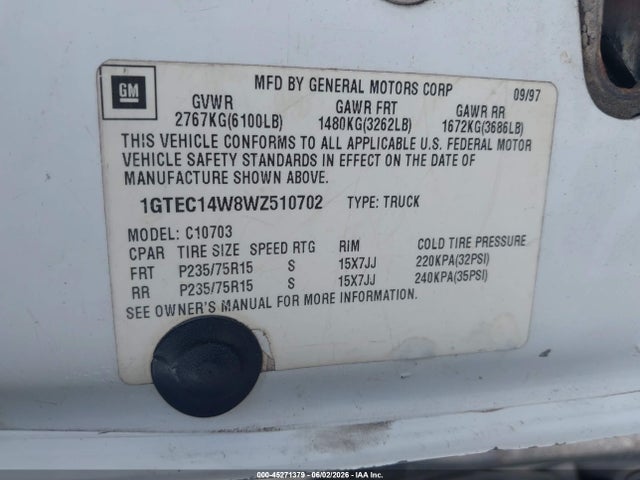 Продаж на аукціоні авто 1998 Gmc Sierra 1500 Sl Wideside, vin: 1GTEC14W8WZ510702, номер лоту: 45271379