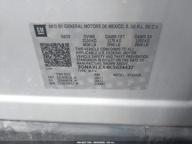 45271395 :رقم المزاد ، 3GNAXLEX4KS634437 vin ، 2019 Chevrolet Equinox Lt مزاد بيع