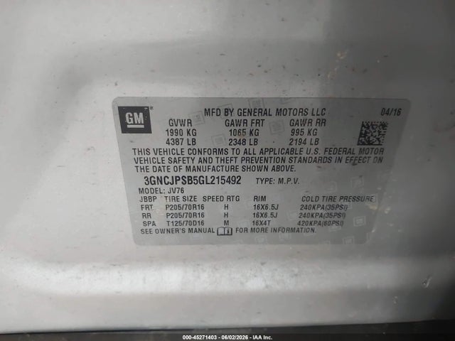 45271403 :رقم المزاد ، 3GNCJPSB5GL215492 vin ، 2016 Chevrolet Trax Lt مزاد بيع