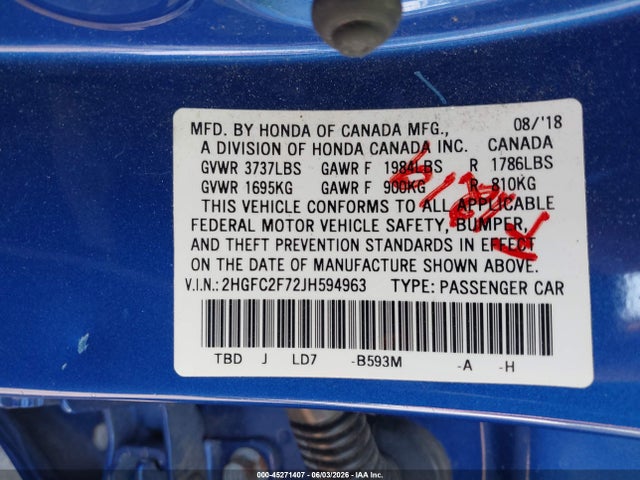 Aukcja sprzedaży 2018 Honda Civic Ex, vin: 2HGFC2F72JH594963, numer aukcji: 45271407