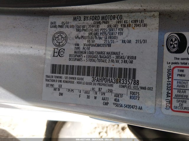 2011 Ford Fusion Se მანქანა იყიდება აუქციონზე, vin: 3FAHP0HA3BR335788, აუქციონის ნომერი: 45271408