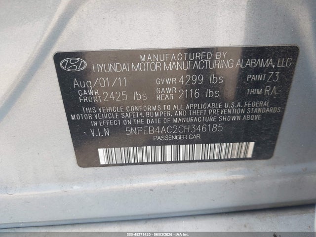 Aukcja sprzedaży 2012 Hyundai Sonata Gls, vin: 5NPEB4AC2CH346185, numer aukcji: 45271420