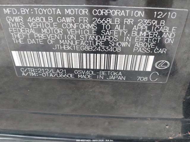 Aukcja sprzedaży 2011 Lexus Es 350, vin: JTHBK1EG8B2433408, numer aukcji: 45271423