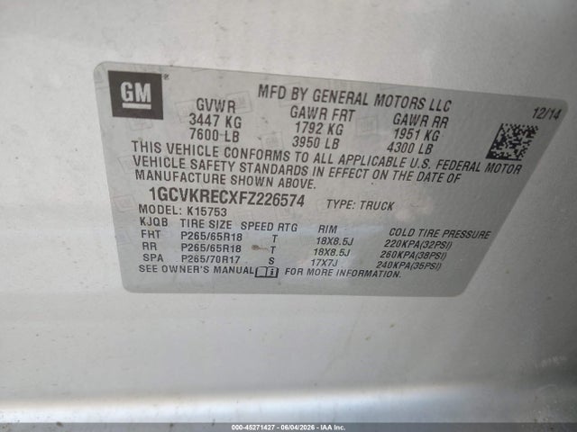 45271427 :رقم المزاد ، 1GCVKRECXFZ226574 vin ، 2015 Chevrolet Silverado 1500 1lt مزاد بيع