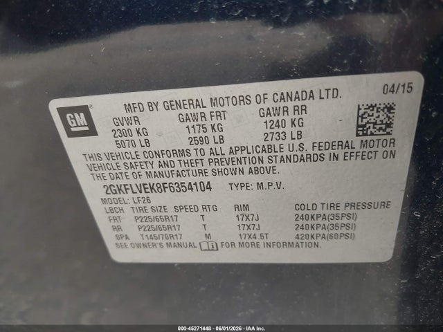 45271448 :رقم المزاد ، 2GKFLVEK8F6354104 vin ، 2015 Gmc Terrain Sle-1 مزاد بيع