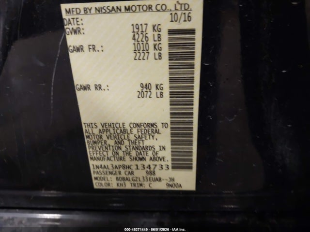 45271449 :رقم المزاد ، 1N4AL3AP8HC134733 vin ، 2017 Nissan Altima 2.5 S مزاد بيع