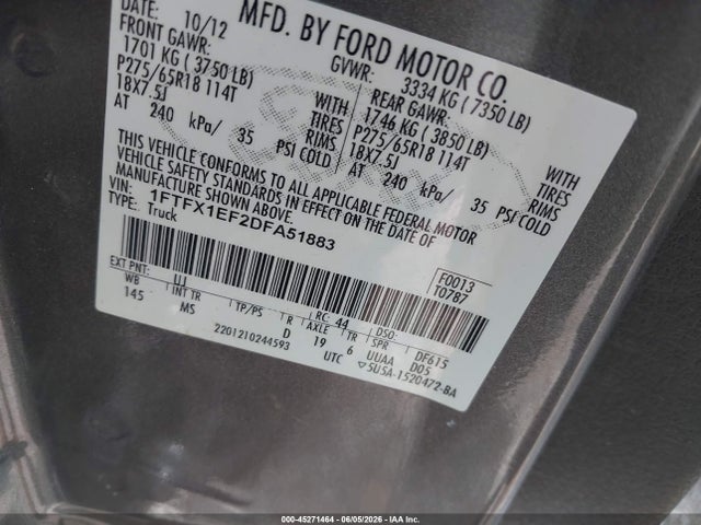 45271464 :رقم المزاد ، 1FTFX1EF2DFA51883 vin ، 2013 Ford F-150 Xlt مزاد بيع