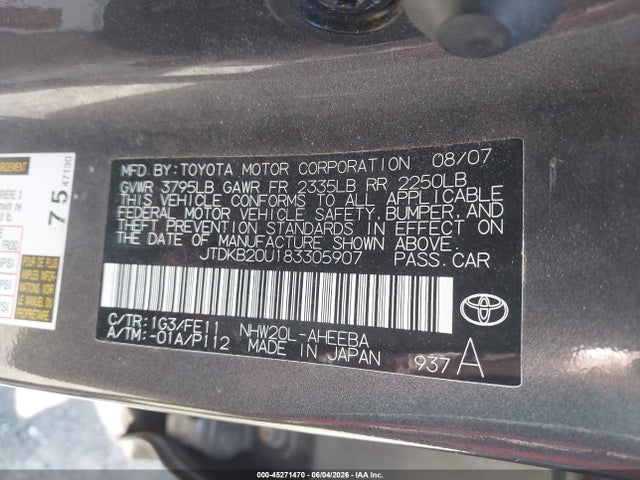 45271470 :رقم المزاد ، JTDKB20U183305907 vin ، 2008 Toyota Prius مزاد بيع