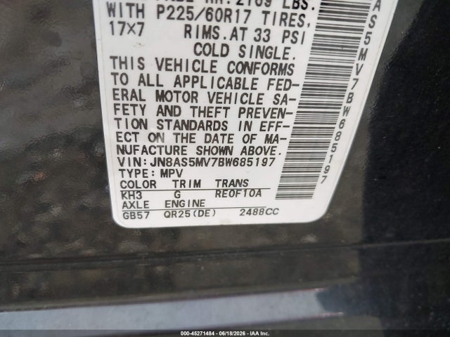 45271484 :رقم المزاد ، JN8AS5MV7BW685197 vin ، 2011 Nissan Rogue Sv مزاد بيع
