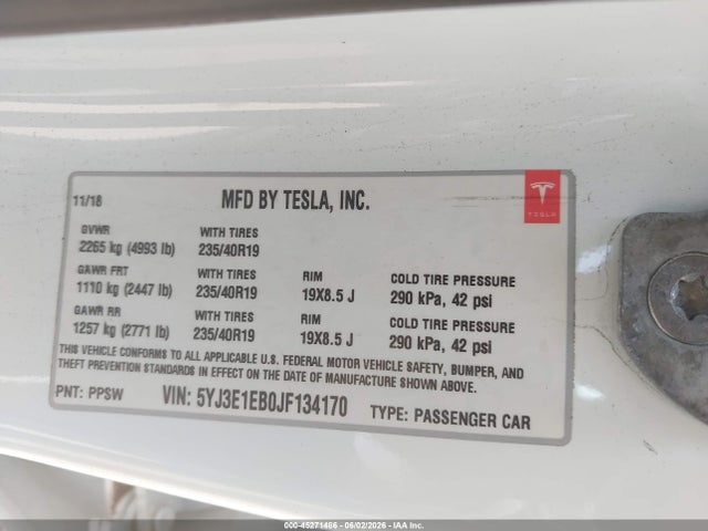Tesla Model 3 Long Range/performance 2018 5YJ3E1EB0JF134170 Image 9