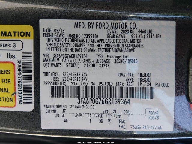 2016 Ford Fusion S მანქანა იყიდება აუქციონზე, vin: 3FA6P0G76GR139364, აუქციონის ნომერი: 45271499