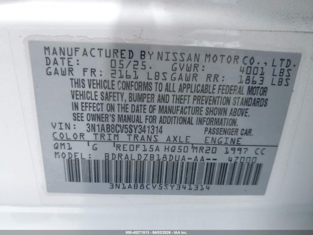 45271513 :رقم المزاد ، 3N1AB8CV5SY341314 vin ، 2025 Nissan Sentra Sv مزاد بيع