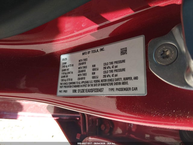 Продажа на аукционе авто 2025 Tesla Model 3 Long Range Rear-wheel Drive/standard Rear-wheel Drive, vin: 5YJ3E1EAXSF030407, номер лота: 45271517