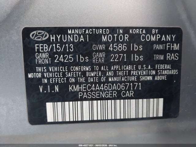 Продаж на аукціоні авто 2013 Hyundai Sonata Hybrid, vin: KMHEC4A46DA067171, номер лоту: 45271521