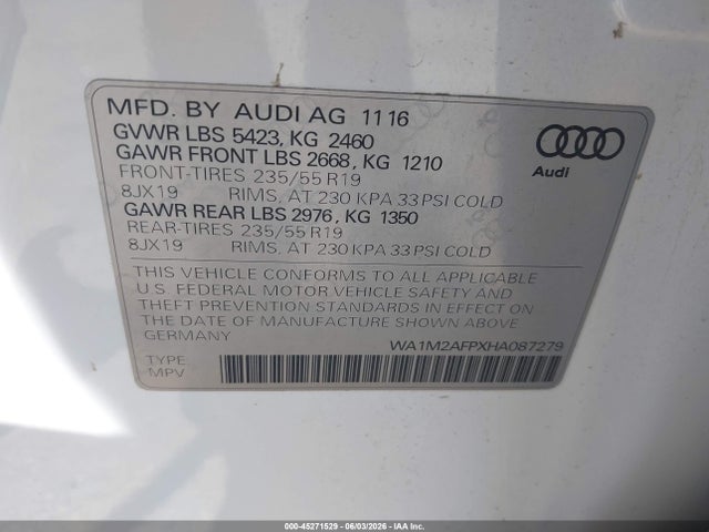 Продажа на аукционе авто 2017 Audi Q5 2.0t Premium, vin: WA1M2AFPXHA087279, номер лота: 45271529