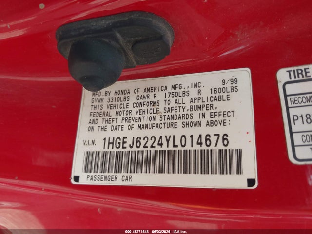 Aukcja sprzedaży 2000 Honda Civic Dx, vin: 1HGEJ6224YL014676, numer aukcji: 45271548