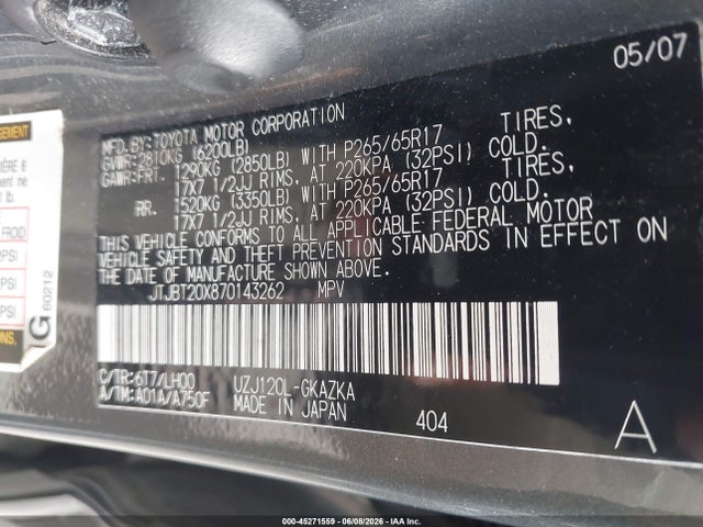 Aukcja sprzedaży 2007 Lexus Gx 470, vin: JTJBT20X870143262, numer aukcji: 45271559