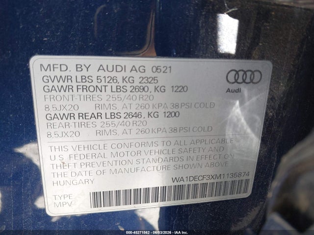 Aukcja sprzedaży 2021 Audi Q3 Premium 45 Tfsi S Line Quattro Tiptronic, vin: WA1DECF3XM1135874, numer aukcji: 45271562