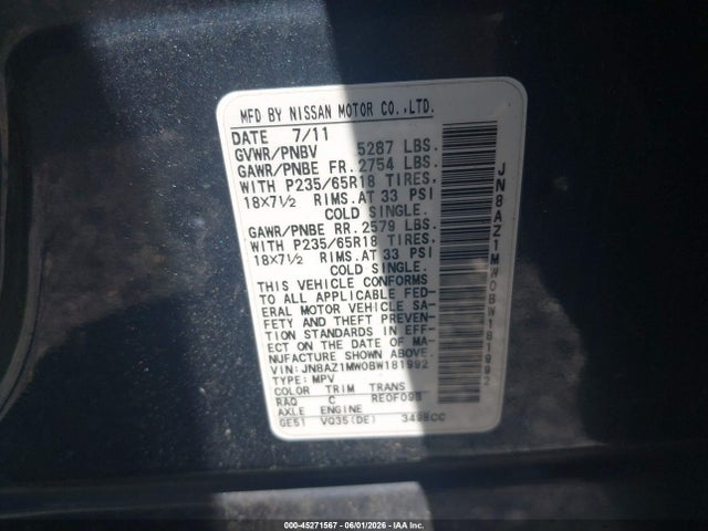 Продажа на аукционе авто 2011 Nissan Murano Sv, vin: JN8AZ1MW0BW181992, номер лота: 45271567