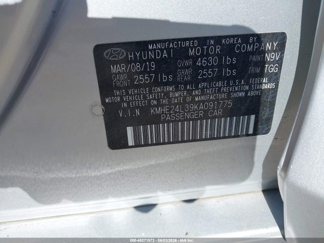 Aukcja sprzedaży 2019 Hyundai Sonata Hybrid Se, vin: KMHE24L39KA091775, numer aukcji: 45271573