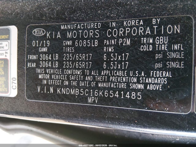 Продажа на аукционе авто 2019 Kia Sedona Lx, vin: KNDMB5C16K6541485, номер лота: 45271592