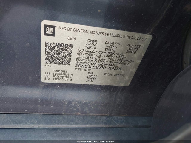 Продажа на аукционе авто 2019 Chevrolet Trax Lt, vin: 3GNCJLSBXKL314259, номер лота: 45271596