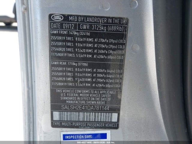 Продажа на аукционе авто 2013 Land Rover Range Rover Sport Supercharged, vin: SALSH2E41DA781144, номер лота: 45271605