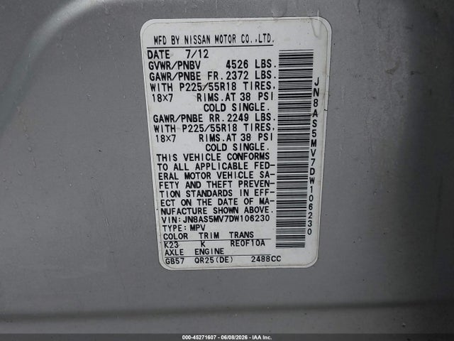 2013 Nissan Rogue Sv W/sl Pkg მანქანა იყიდება აუქციონზე, vin: JN8AS5MV7DW106230, აუქციონის ნომერი: 45271607
