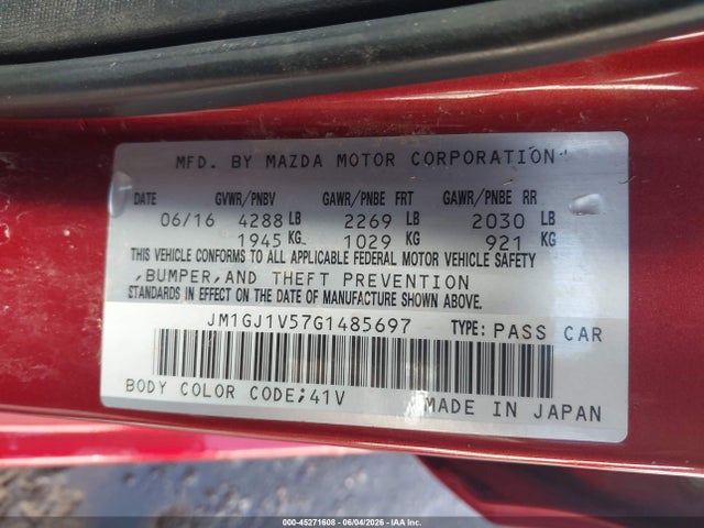 Aukcja sprzedaży 2016 Mazda Mazda6 I Touring, vin: JM1GJ1V57G1485697, numer aukcji: 45271608