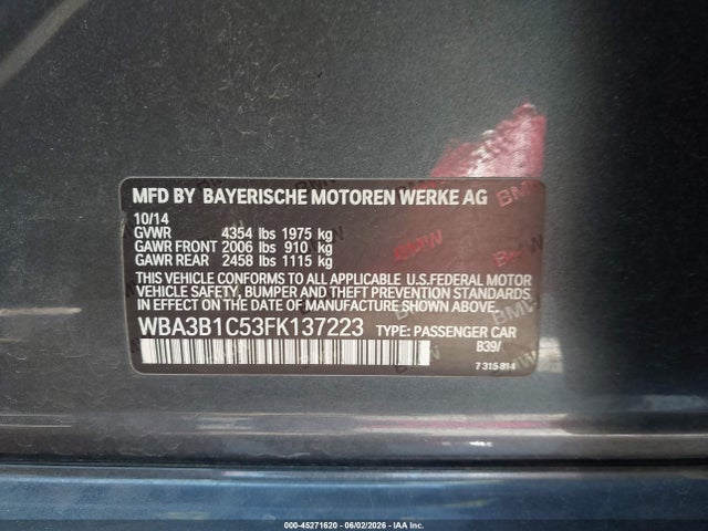 Продажа на аукционе авто 2015 Bmw 320i, vin: WBA3B1C53FK137223, номер лота: 45271620