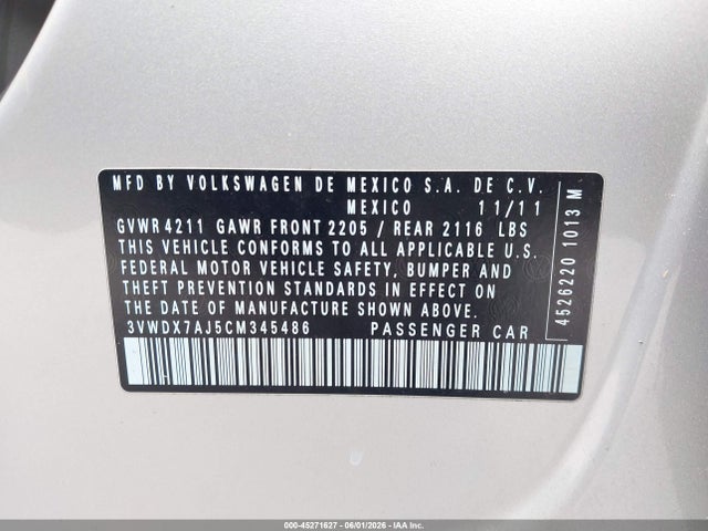 Продажа на аукционе авто 2012 Volkswagen Jetta 2.5l Se, vin: 3VWDX7AJ5CM345486, номер лота: 45271627