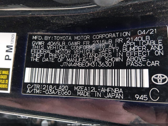 Toyota Corolla Xse 2021 JTNA4MBE0M3136301 Image 9