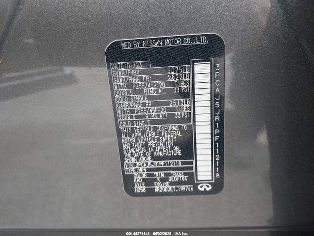 45271648 :رقم المزاد ، 3PCAJ5JR1PF112118 vin ، 2023 Infiniti Qx55 Luxe Awd مزاد بيع