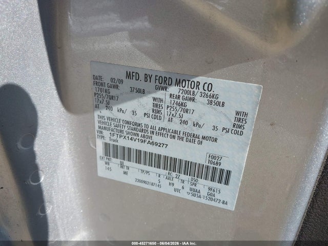 Продажа на аукционе авто 2009 Ford F-150 Fx4/lariat/xl/xlt, vin: 1FTPX14V19FA69277, номер лота: 45271650