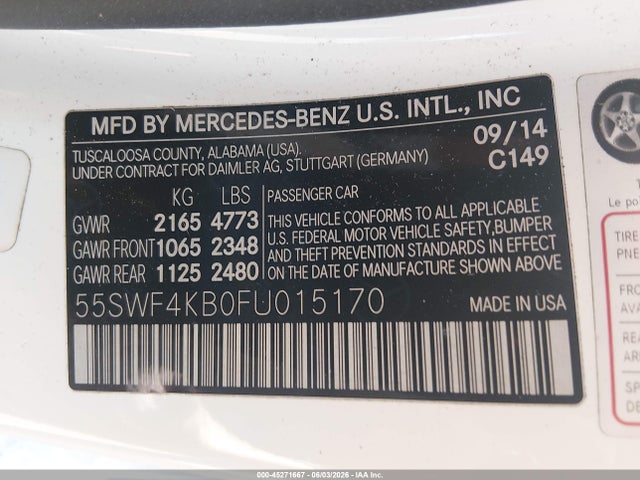 2015 Mercedes-benz C 300 Luxury 4matic მანქანა იყიდება აუქციონზე, vin: 55SWF4KB0FU015170, აუქციონის ნომერი: 45271667