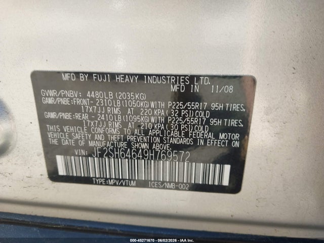 Продаж на аукціоні авто 2009 Subaru Forester 2.5x Limited, vin: JF2SH64649H769572, номер лоту: 45271670