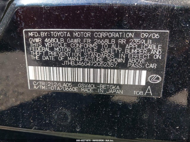 45271678 :رقم المزاد ، JTHBJ46G472052357 vin ، 2007 Lexus Es 350 مزاد بيع