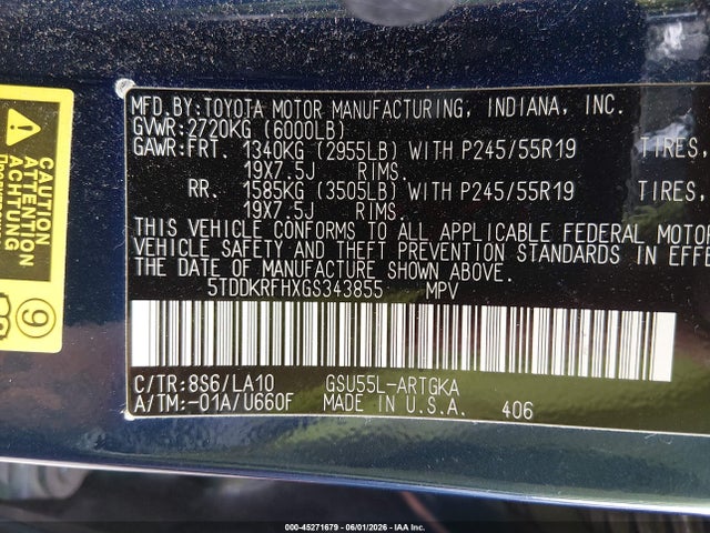 Aukcja sprzedaży 2016 Toyota Highlander Limited V6, vin: 5TDDKRFHXGS343855, numer aukcji: 45271679