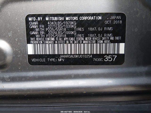 2019 Mitsubishi Outlander Sport 2.0 Le მანქანა იყიდება აუქციონზე, vin: JA4AR3AU9KU010254, აუქციონის ნომერი: 45271683