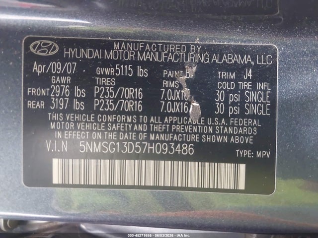 2007 Hyundai Santa Fe Gls მანქანა იყიდება აუქციონზე, vin: 5NMSG13D57H093486, აუქციონის ნომერი: 45271686