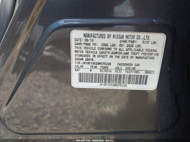 Продажа на аукционе авто 2011 Infiniti M37x, vin: JN1BY1AR2BM375228, номер лота: 45271702