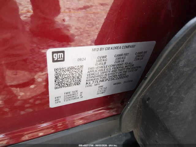 45271708 :رقم المزاد ، KL77LHEP2SC120200 vin ، 2025 Chevrolet Trax Fwd Lt مزاد بيع