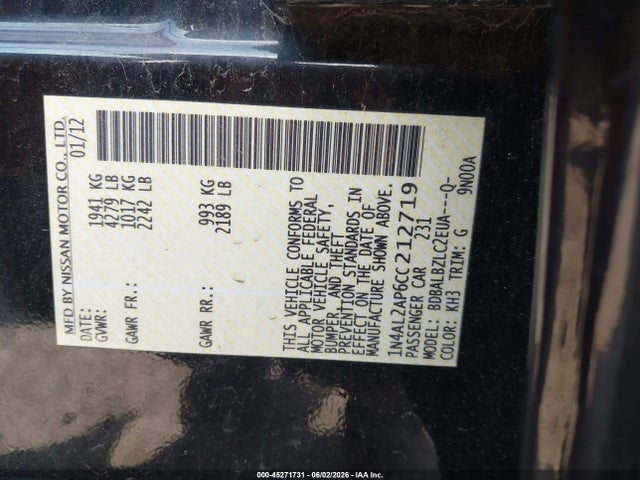 45271731 :رقم المزاد ، 1N4AL2AP6CC212719 vin ، 2012 Nissan Altima 2.5 S مزاد بيع