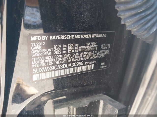 2013 Bmw X3 Xdrive28i მანქანა იყიდება აუქციონზე, vin: 5UXWX9C53D0A30988, აუქციონის ნომერი: 45271746