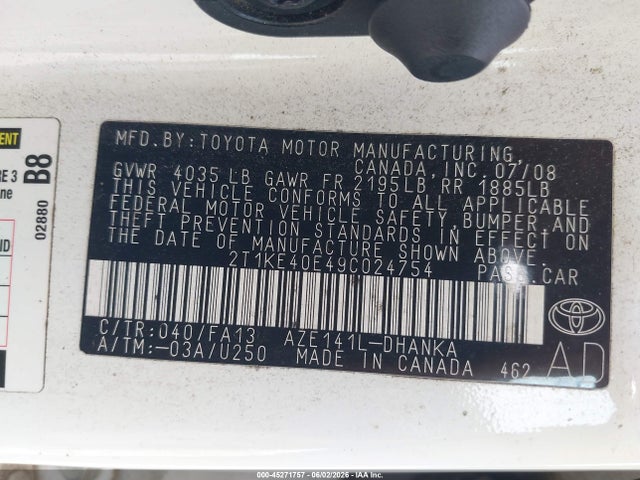 45271757 :رقم المزاد ، 2T1KE40E49C024754 vin ، 2009 Toyota Matrix S مزاد بيع