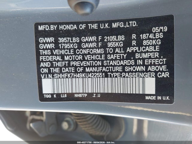 SHHFK7H49KU422551 Honda Civic Sport