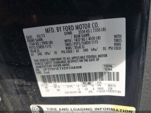 Aukcja sprzedaży 2013 Ford F-150 Lariat, vin: 1FTFW1ETXDFC04308, numer aukcji: 45271762