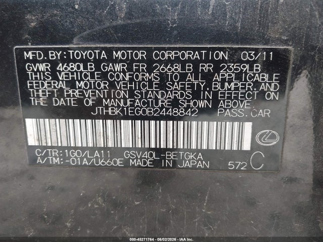 Продажа на аукционе авто 2011 Lexus Es 350, vin: JTHBK1EG0B2448842, номер лота: 45271764