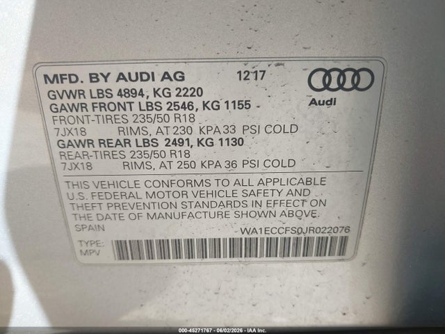 Auction sale of the 2018 Audi Q3 2.0t Premium/2.0t Sport Premium, vin: WA1ECCFS0JR022076, lot number: 45271767